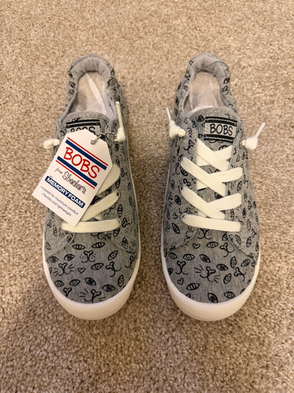 Bobs by Skechers Beach Bingo Kitty Cruise Sneakers 9 Cat Faces Gray Black NWT - Picture 2 of 2